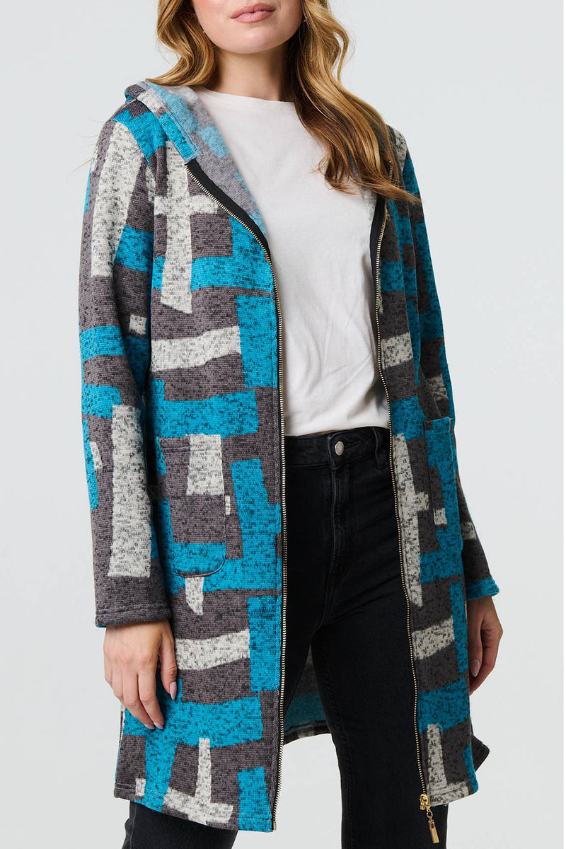 GREY | Geo Print Longline Hooded Knit Coat
