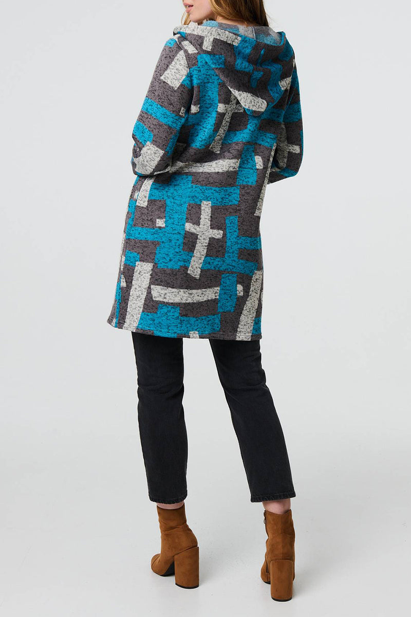 GREY | Geo Print Longline Hooded Knit Coat