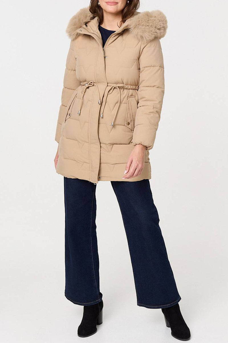 BEIGE | Faux Fur Trim Hooded Longline Jacket