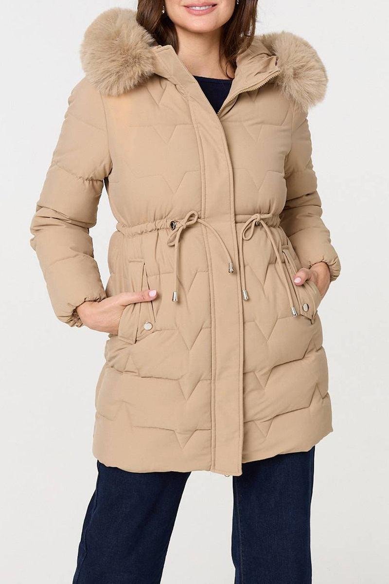 BEIGE | Faux Fur Trim Hooded Longline Jacket