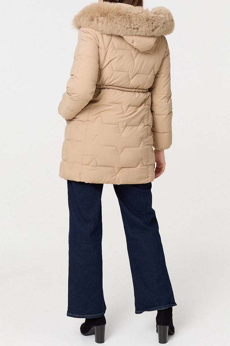 BEIGE | Faux Fur Trim Hooded Longline Jacket