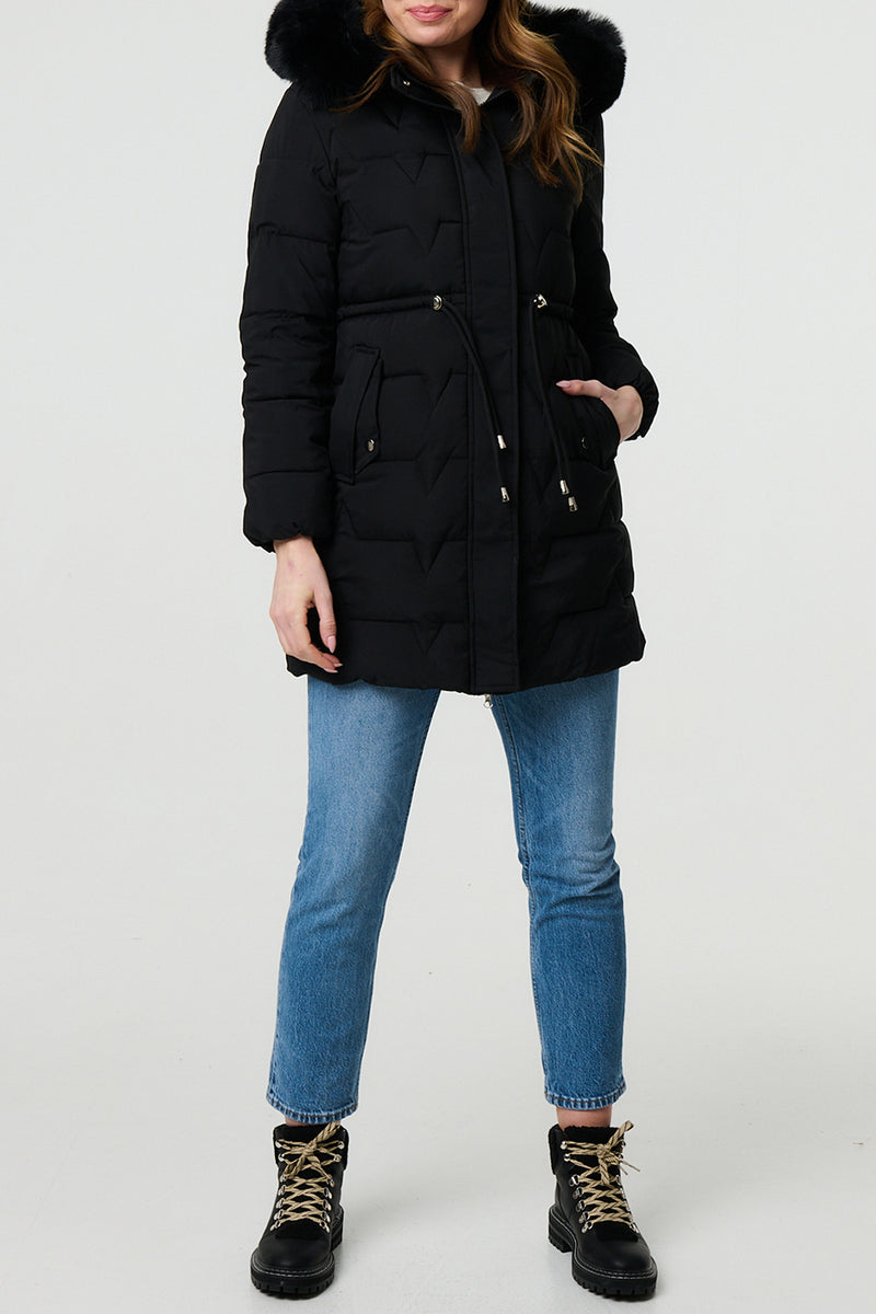 BLACK | Faux Fur Trim Hooded Longline Jacket
