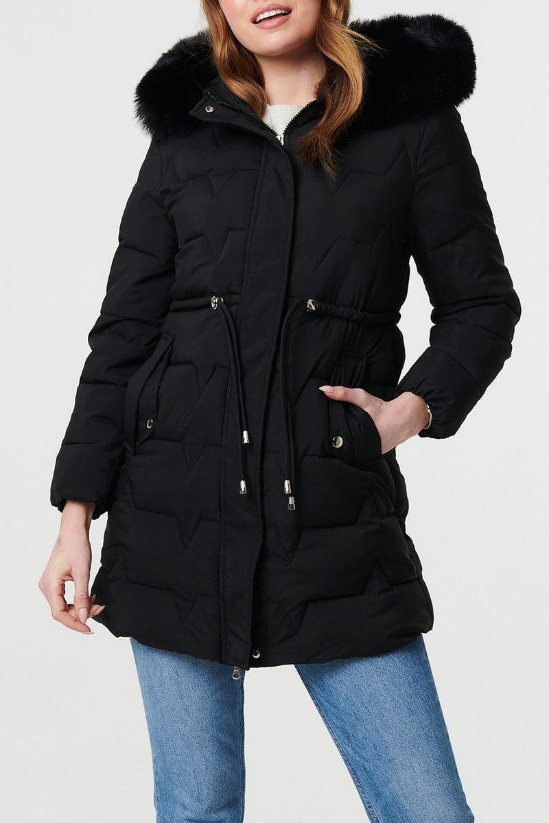 BLACK | Faux Fur Trim Hooded Longline Jacket
