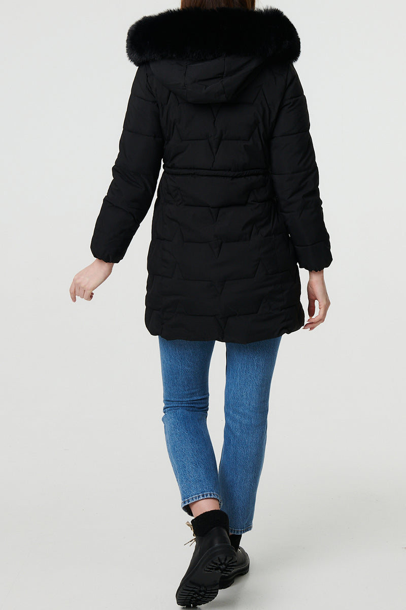 BLACK | Faux Fur Trim Hooded Longline Jacket