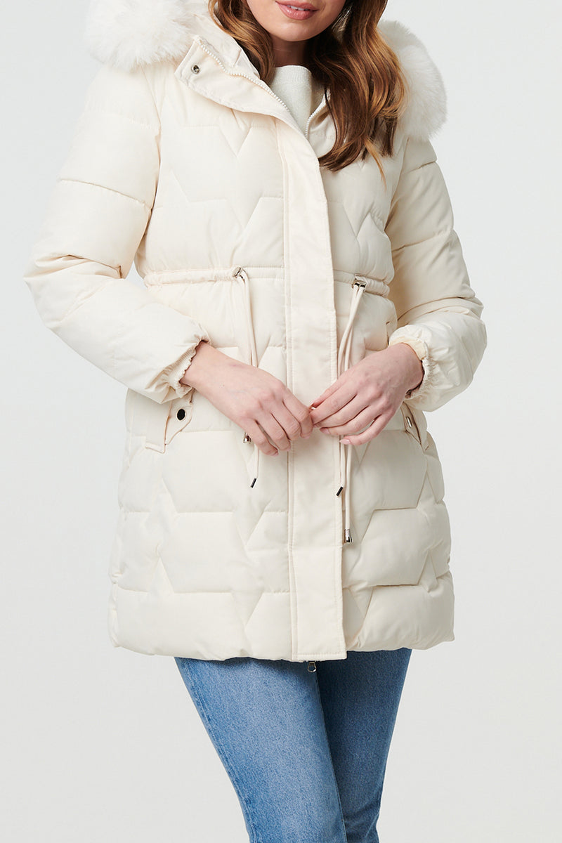 CREAM | Faux Fur Trim Hooded Longline Jacket