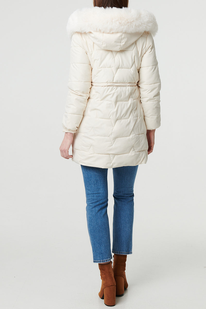 CREAM | Faux Fur Trim Hooded Longline Jacket