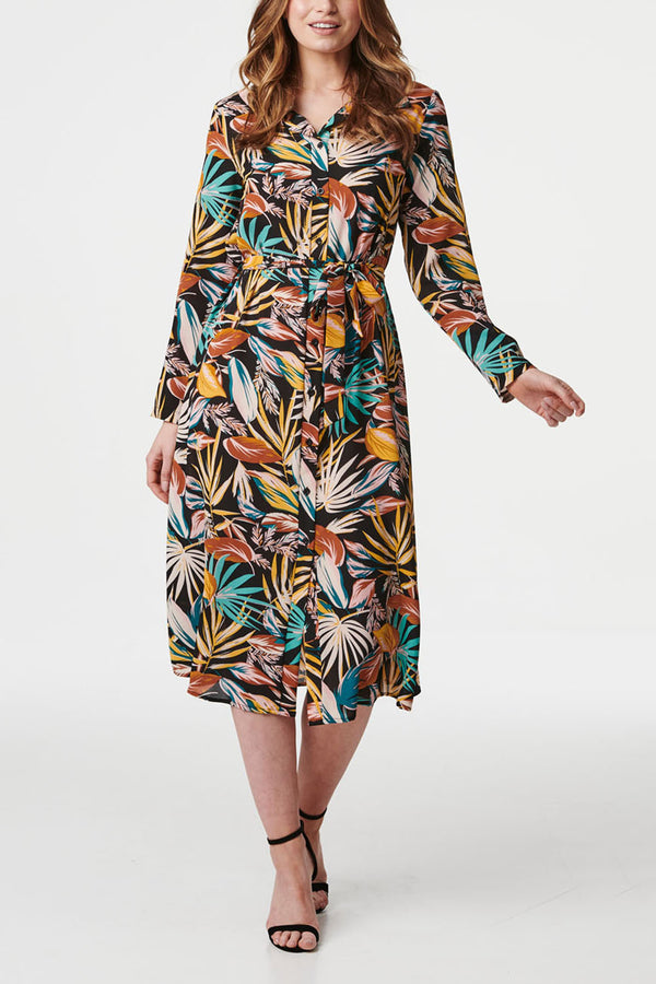 Multi Black | Tropical Leaf Print Shirt Dress