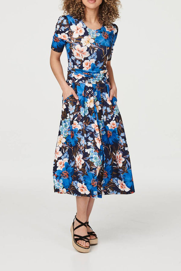 MULTI BLUE | Floral Round Neck Ruched Midi Dres