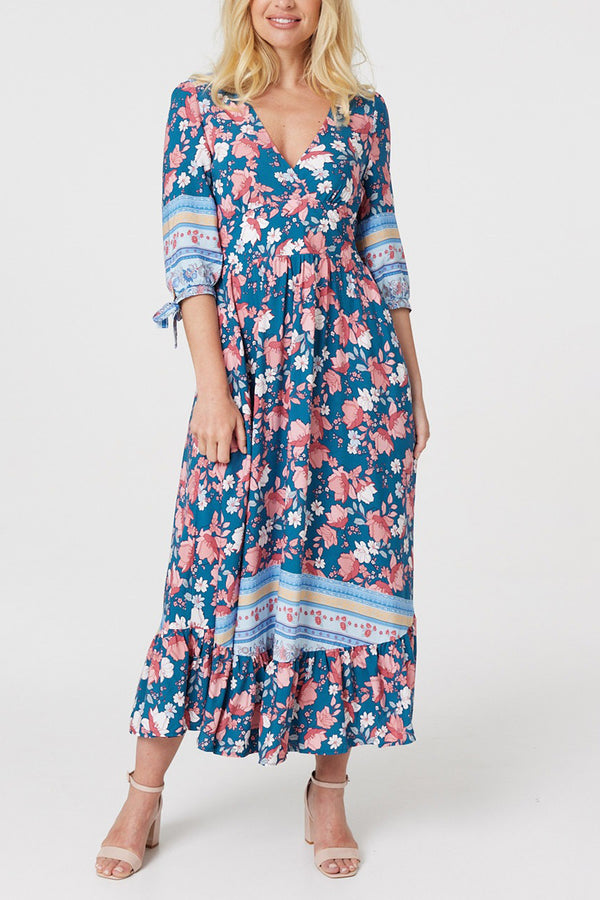 MULTI NAVY | Floral Tie Detail Maxi Dress