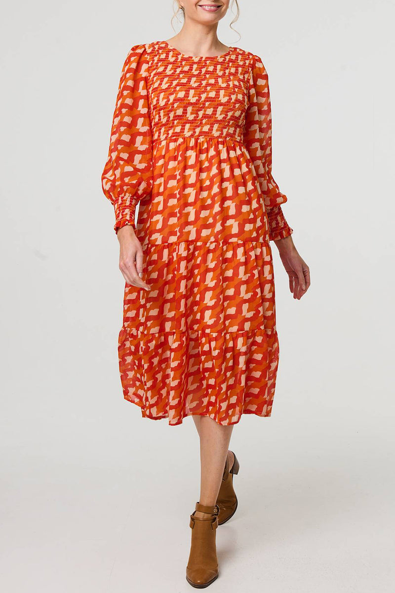 ORANGE | Printed Puff Sleeve Smocked Midi Dress