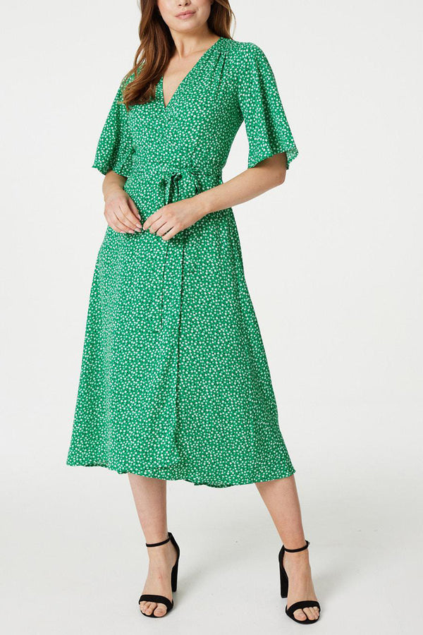 GREEN | Floral Wrap Front Midi Dress