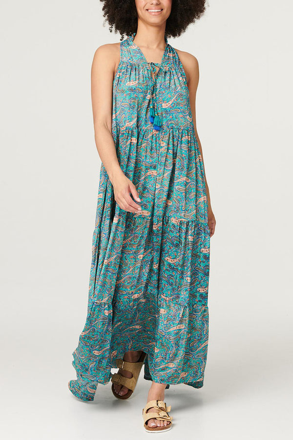 Multi Green | Paisley Tie Front Maxi Dress