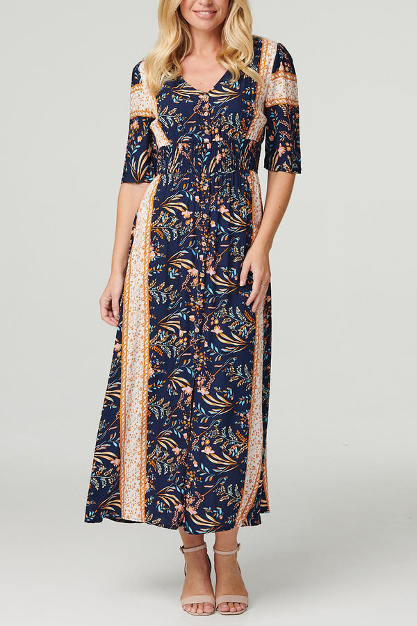 MULTI NAVY | Leaf Border Print Maxi Dress