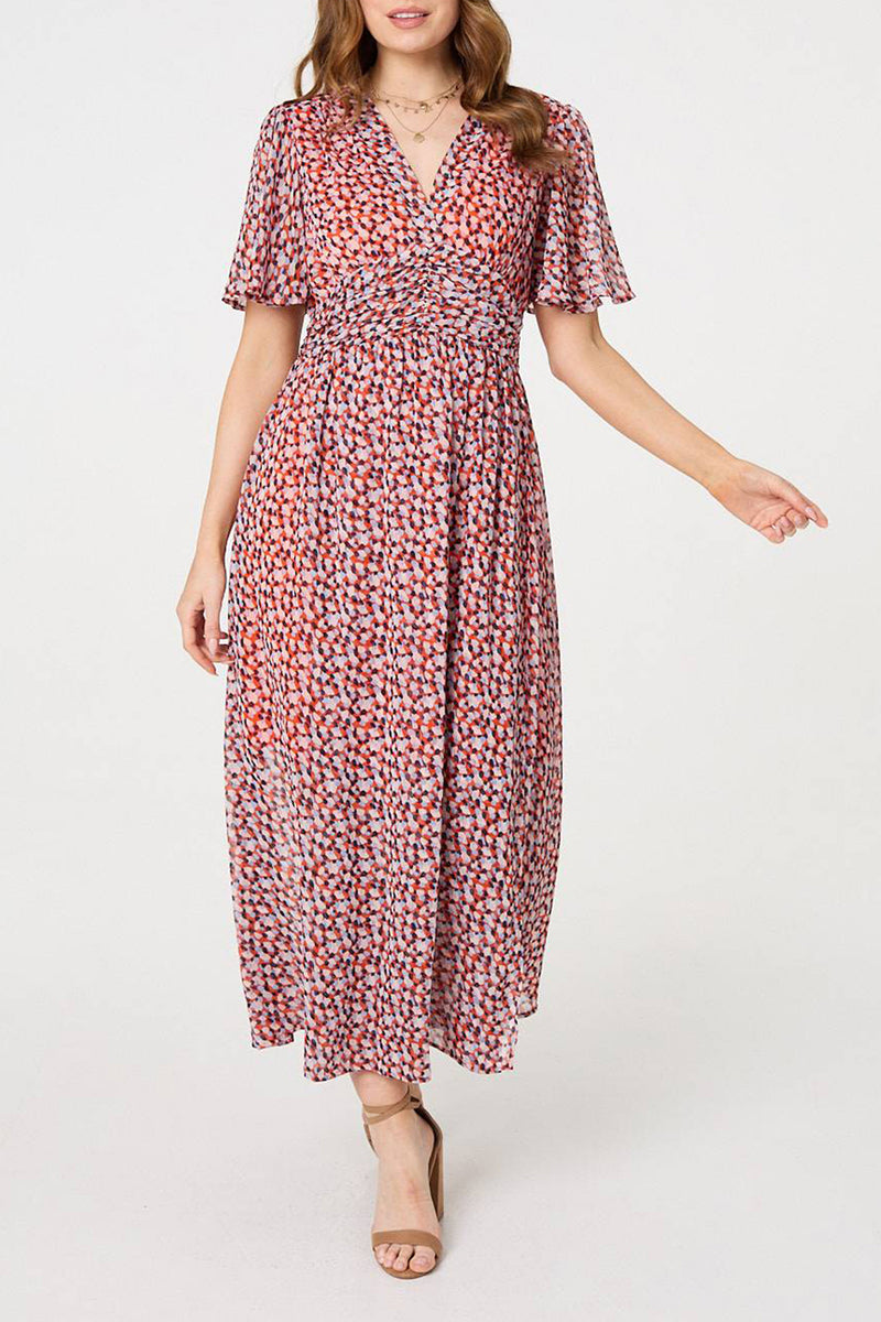 MULTI ORANGE | Printed 1/2 Sleeve Shirred Maxi Dress