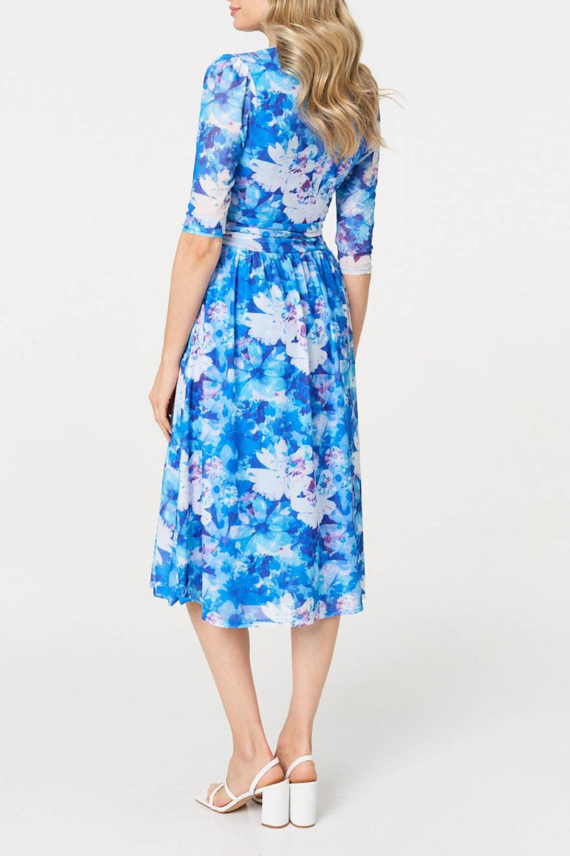 BLUE | Floral 3/4 Sleeve Pleated Wrap Midi Dress