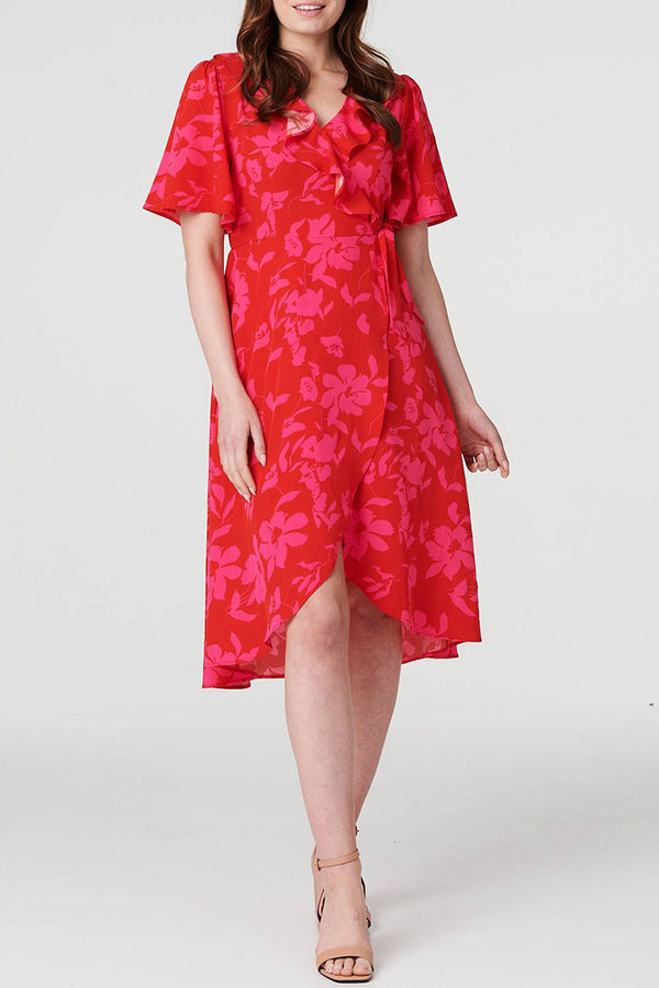 RED | Floral Frill Midi Wrap Dress