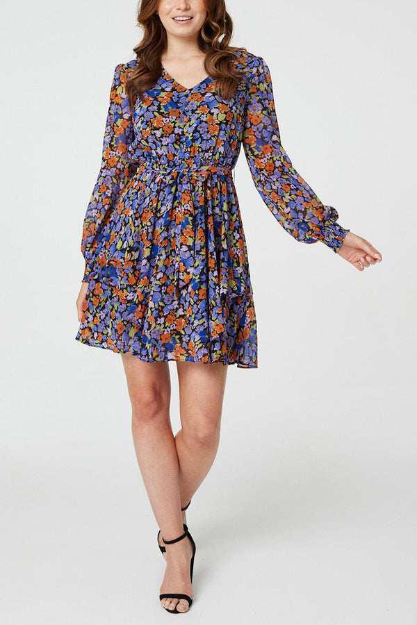MULTI BLUE | Floral Layered Hem Short Dress