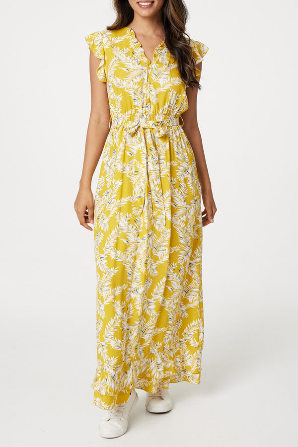 MULTI YELLOW | Leaf Print Frilled Maxi Dress