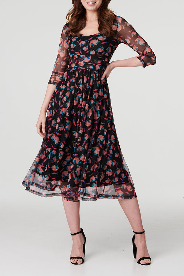 MULTI BLACK | Floral 3/4 Sleeve Sheer Layer Midi Dress