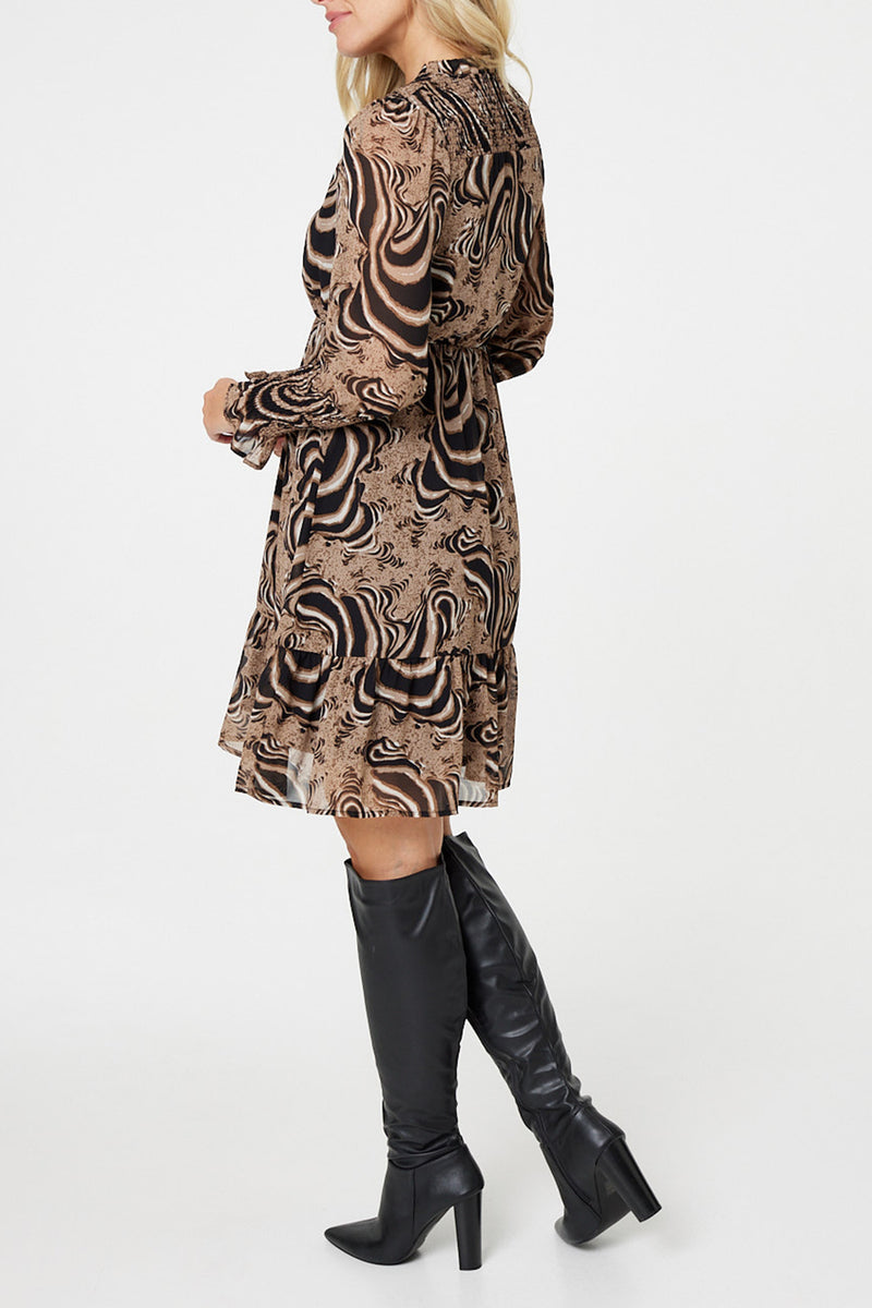 MULTI BEIGE | Printed Long Sleeve Short Dress