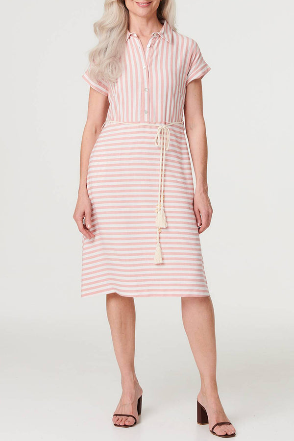 PINK | Striped Print Tie Waist Shirt Dress
