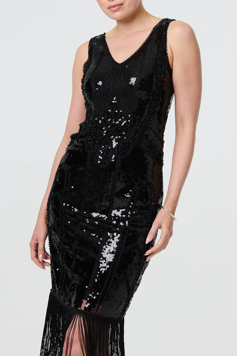 BLACK | Sequin Embellished Tassel Hem Midi Dress