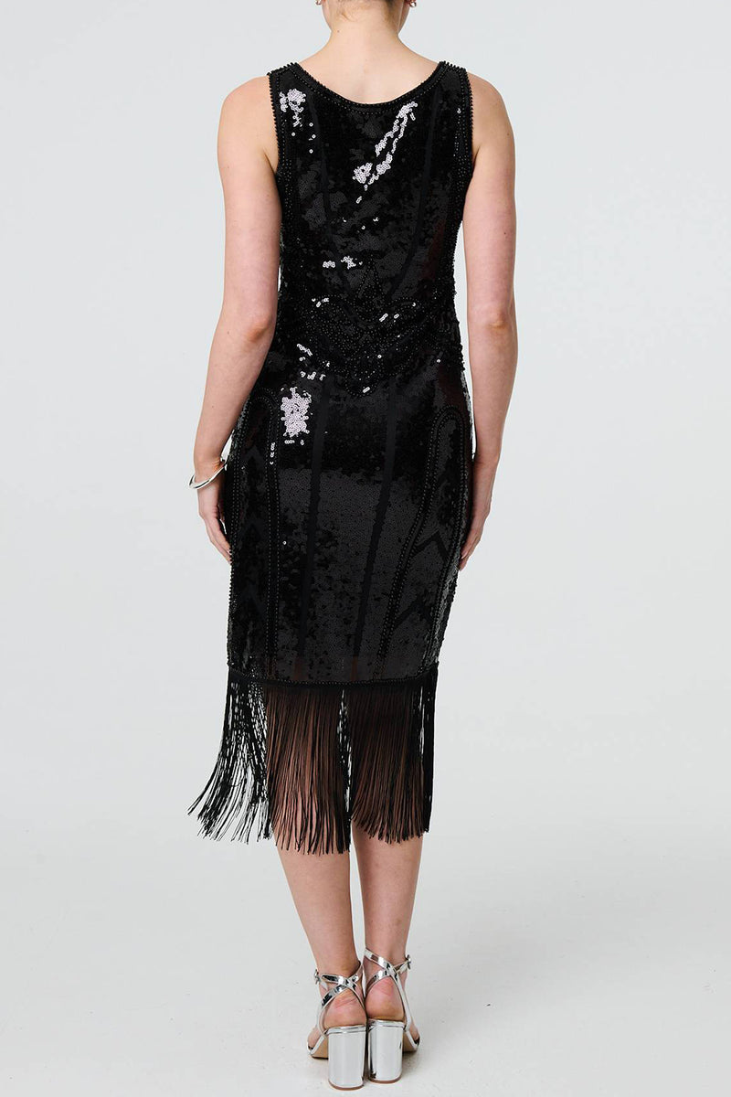 BLACK | Sequin Embellished Tassel Hem Midi Dress
