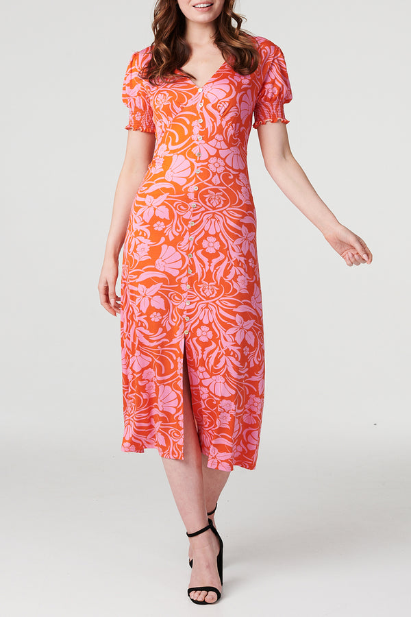 MULTI ORANGE | Printed Tie Back Midi Tea Dress