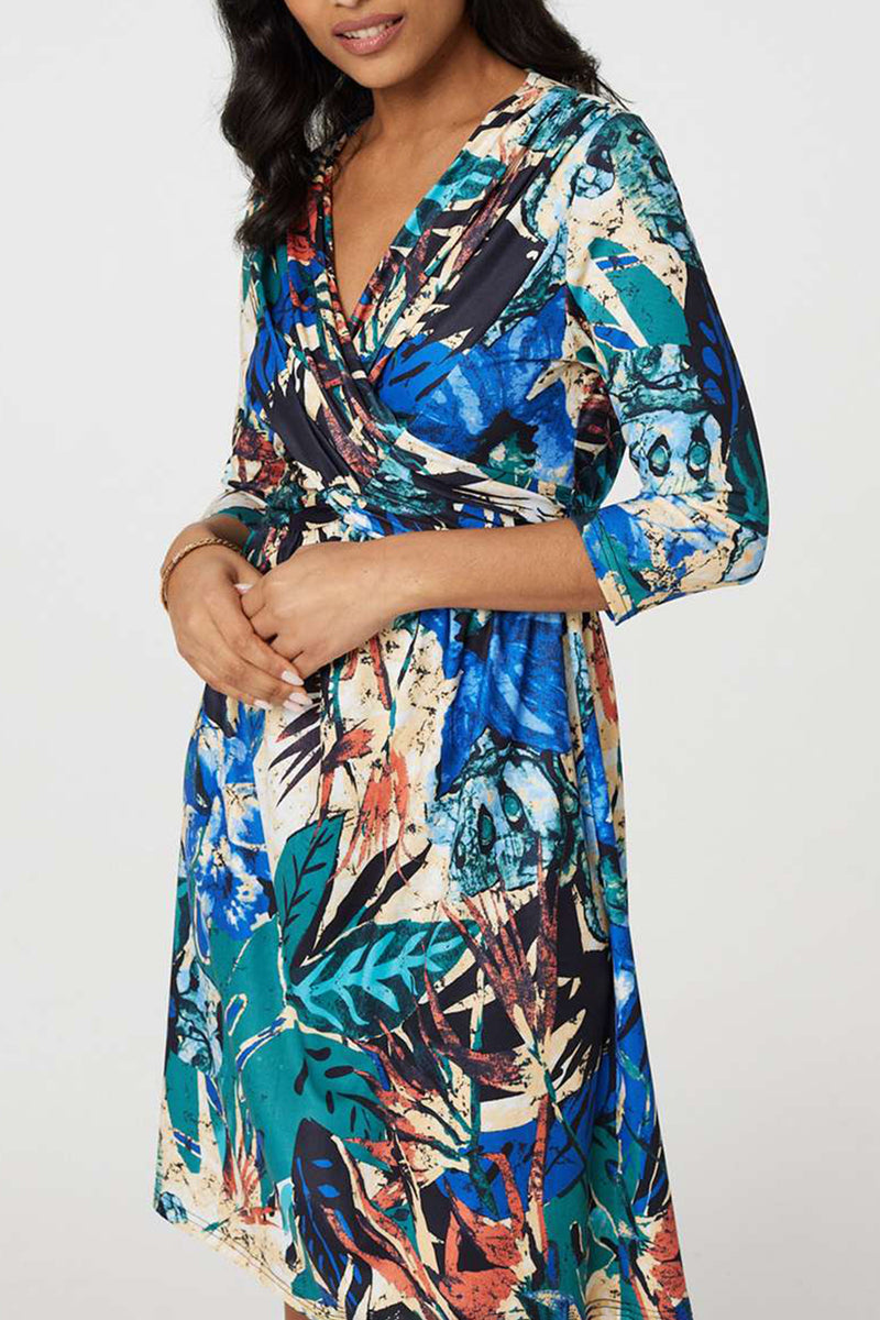 MULTI GREEN | Tropical Print Faux Wrap Dress