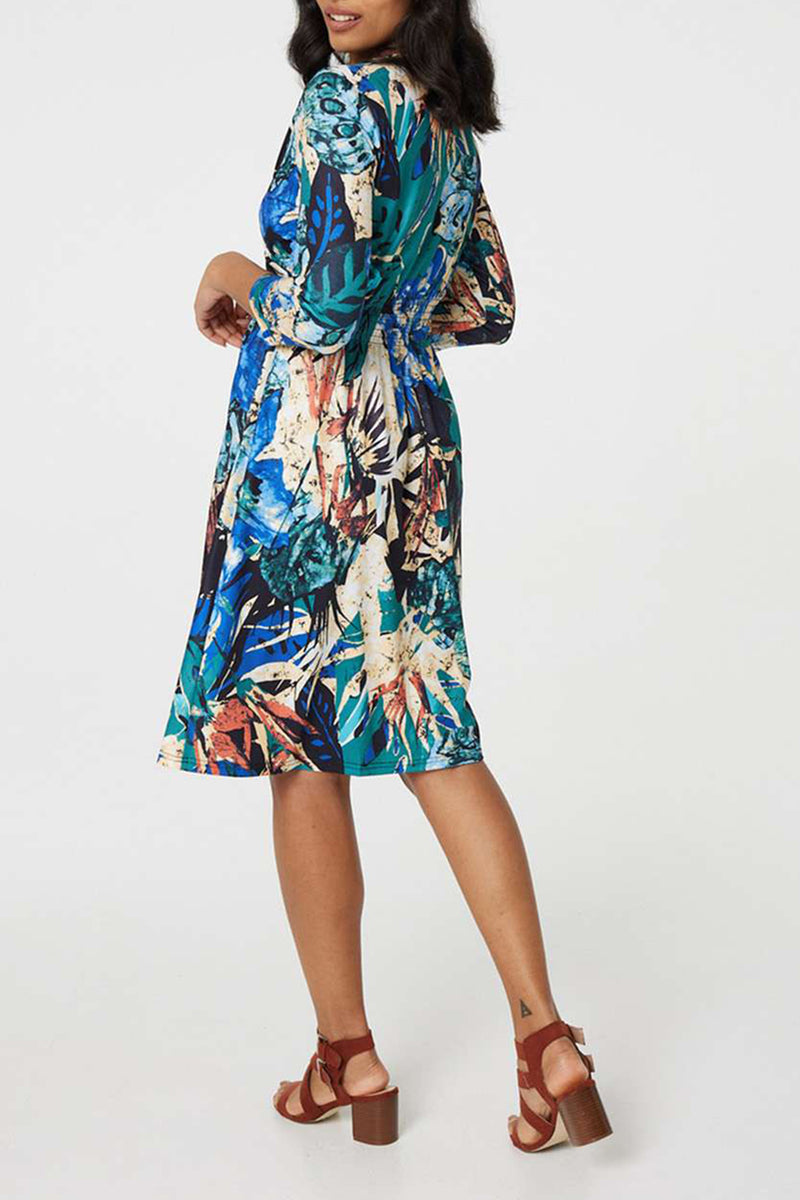 MULTI GREEN | Tropical Print Faux Wrap Dress