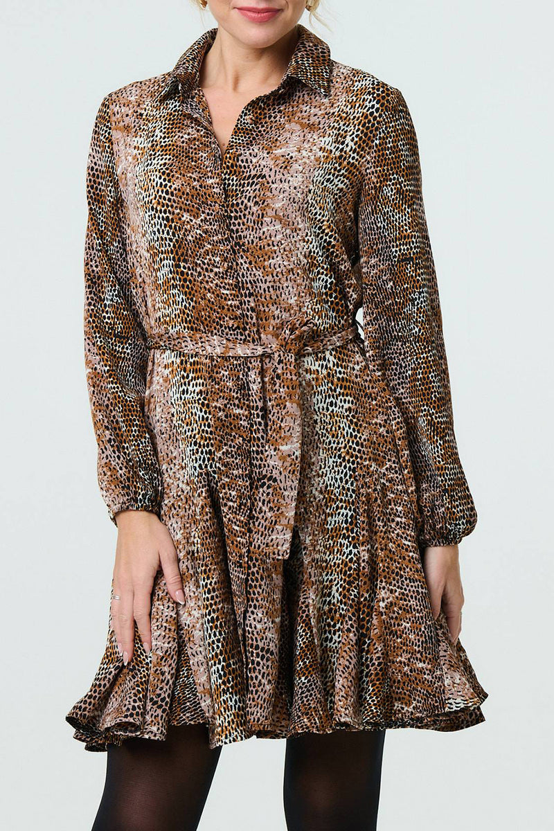 MULTIROWN | Snake Print Pleated Mini Shirt Dress