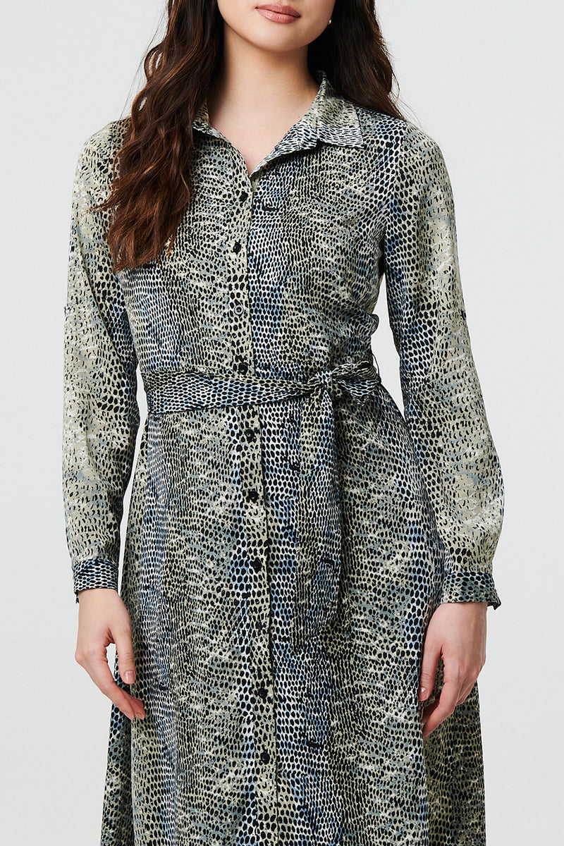 GREEN | Snake Print Long Sleeve Maxi Shirt Dress