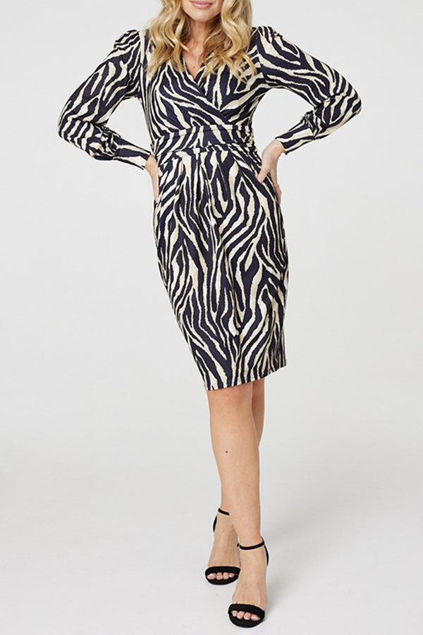 MULTI GREEN | Zebra Print Long Sleeve Wrap Dress