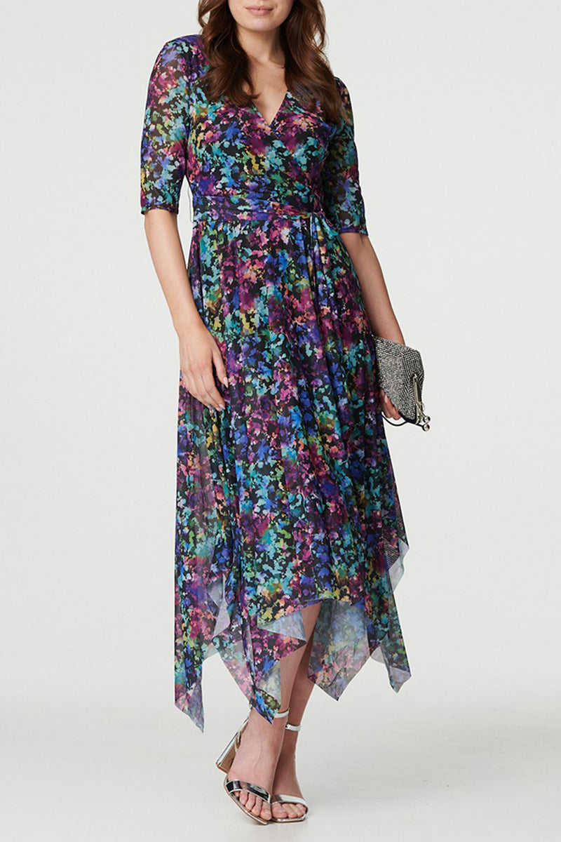 MULTI BLACK | Semi Sheer Hanky Hem Midi Dress