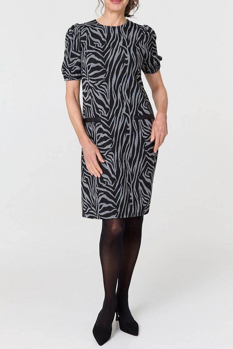 MULTI GREY| Zebra Print Short Sleeve Shift Dress