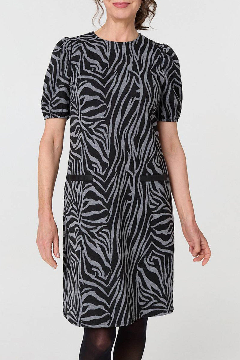 MULTI GREY| Zebra Print Short Sleeve Shift Dress