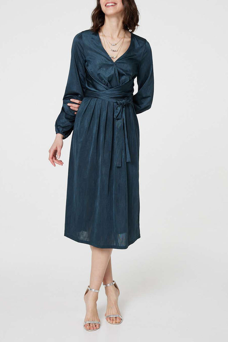 GREEN | Long Sleeve Ruched Tie Waist Midi Dress