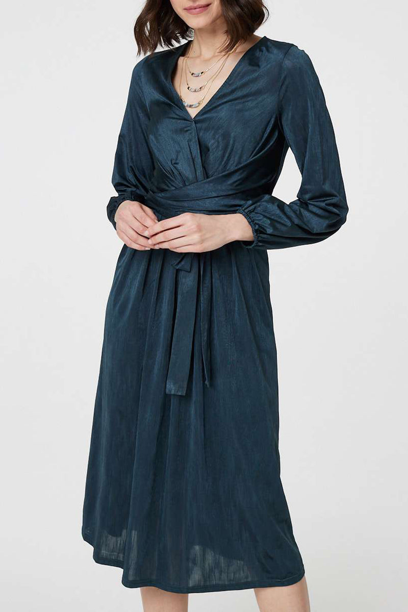 GREEN | Long Sleeve Ruched Tie Waist Midi Dress