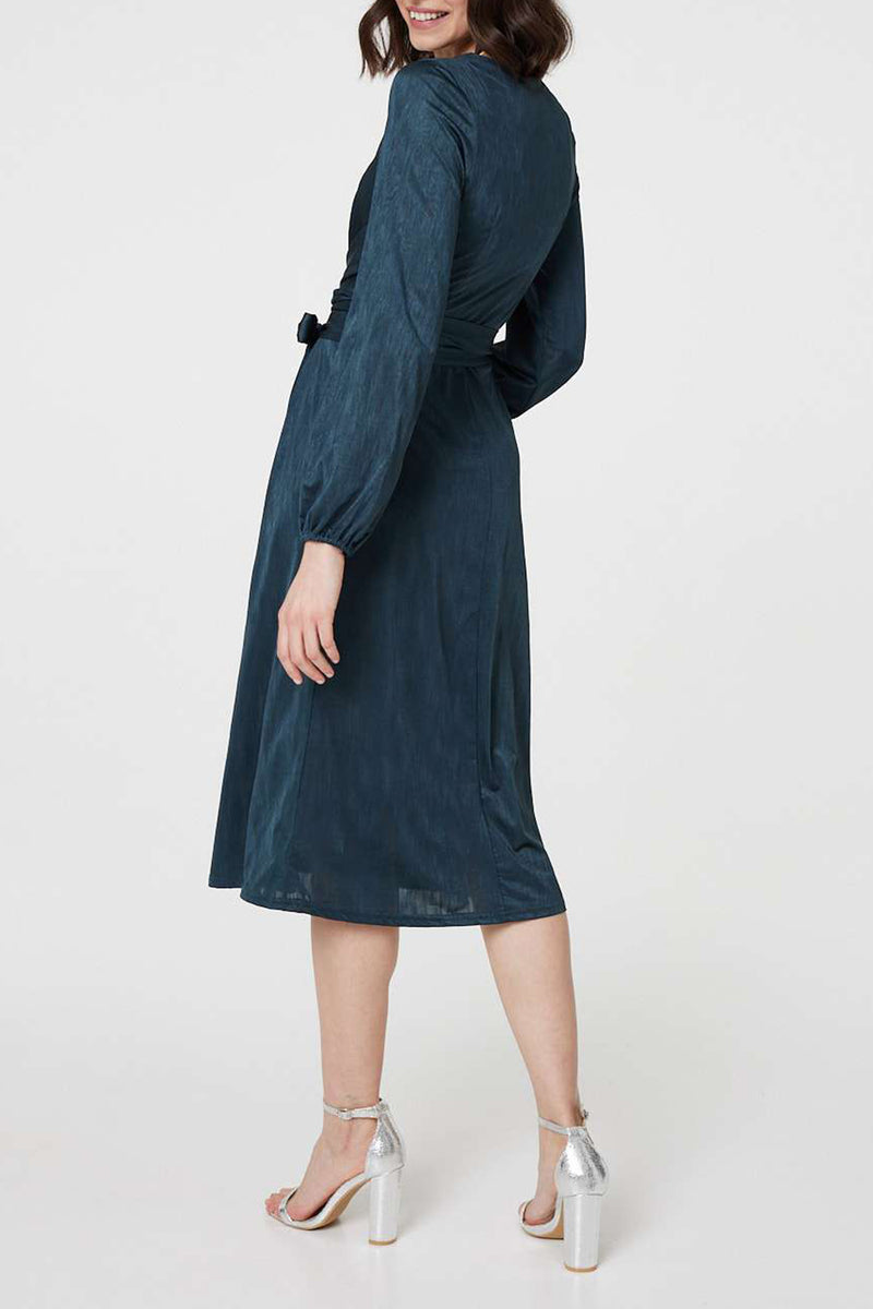 GREEN | Long Sleeve Ruched Tie Waist Midi Dress