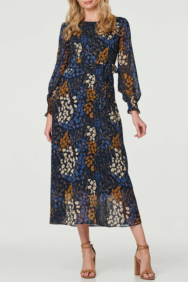 MULTI NAVY | Abstract Print Semi Sheer Midi Dress