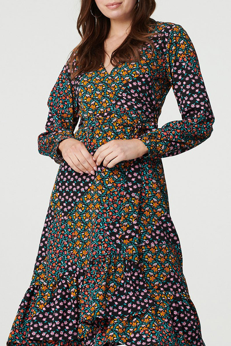 MULTI BLACK | Floral Patchwork Print Wrap Midi Dress