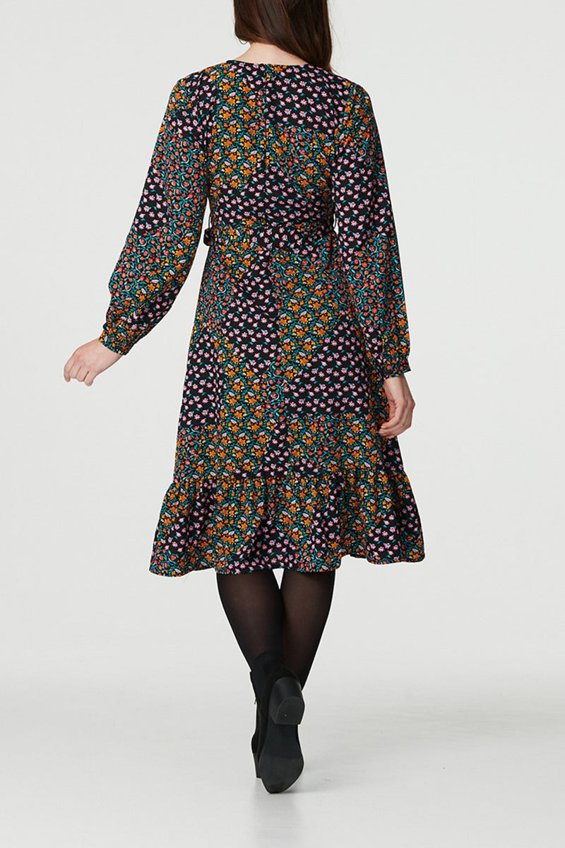 MULTI BLACK | Floral Patchwork Print Wrap Midi Dress