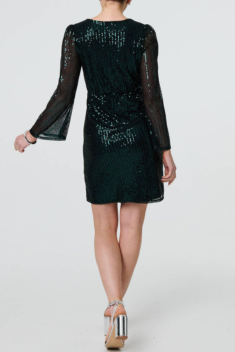 GREEN | Sequin Stripe Long Sleeve Mini Dress