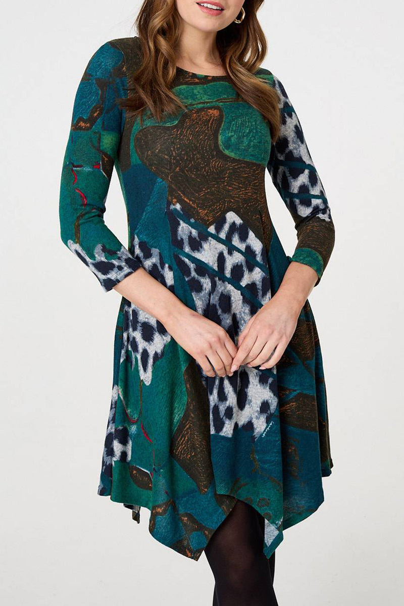 GREEN | Printed Hanky Hem 3/4 Sleeve Dress