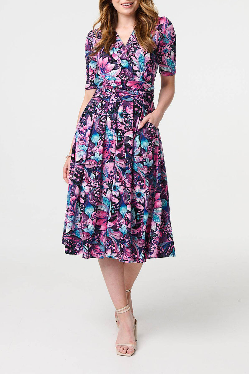 MULTI PINK | Floral Ruched Pleated Wrap Midi Dress