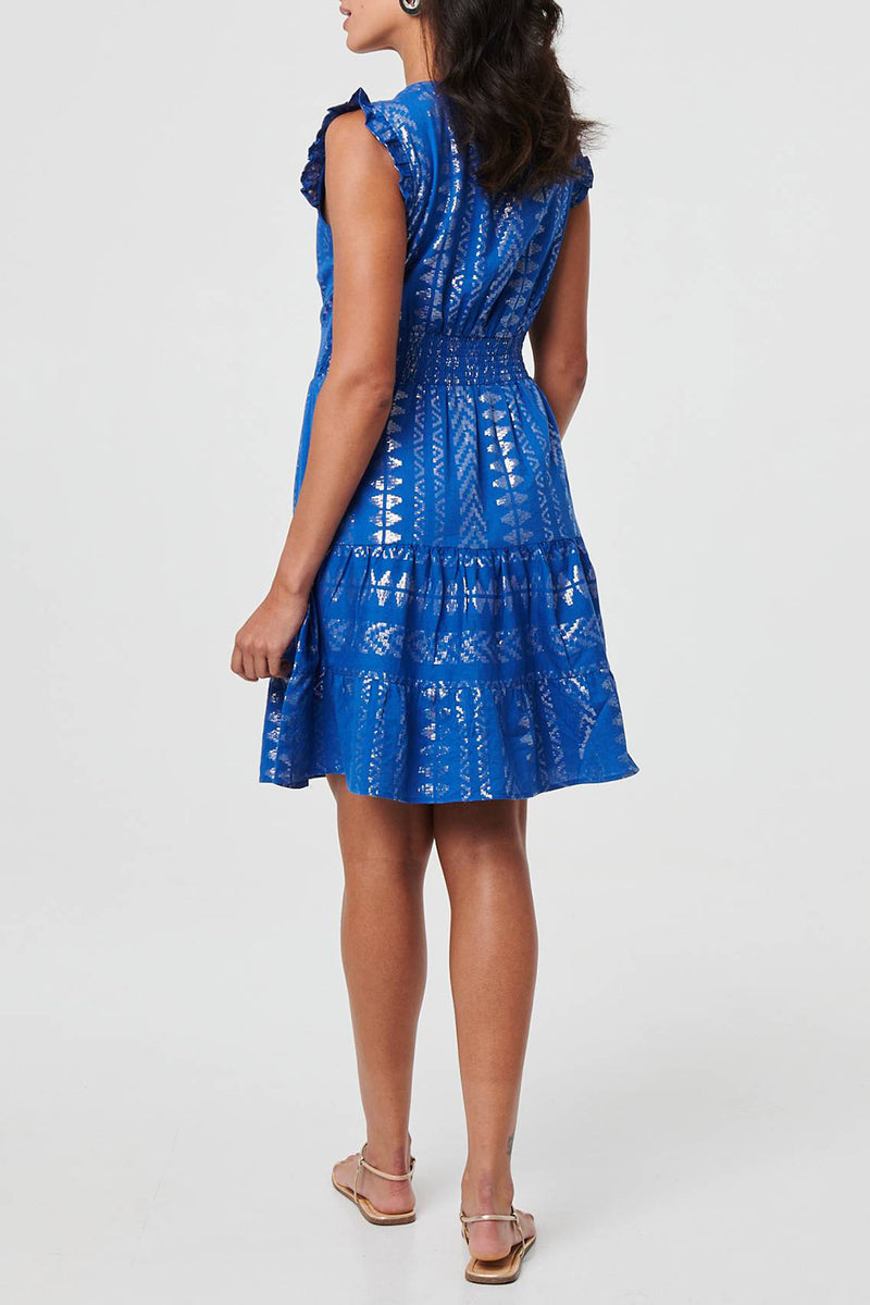 BLUE | Metallic Print Frilled Knee Length Dress