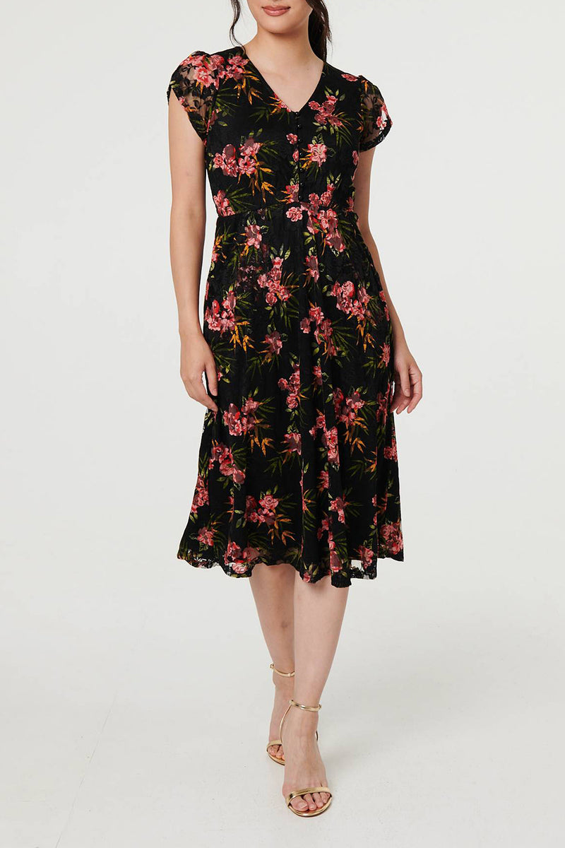 BLACK | Floral Cap Sleeve Lace Midi Dress