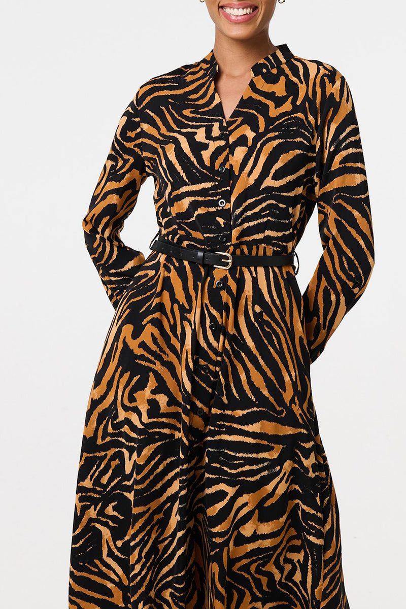 MULTI BROWN | Animal Print Long Sleeve Belt Midi Dress