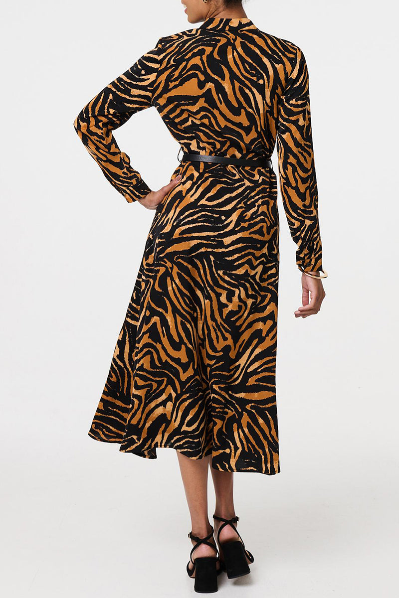 MULTI BROWN | Animal Print Long Sleeve Belt Midi Dress