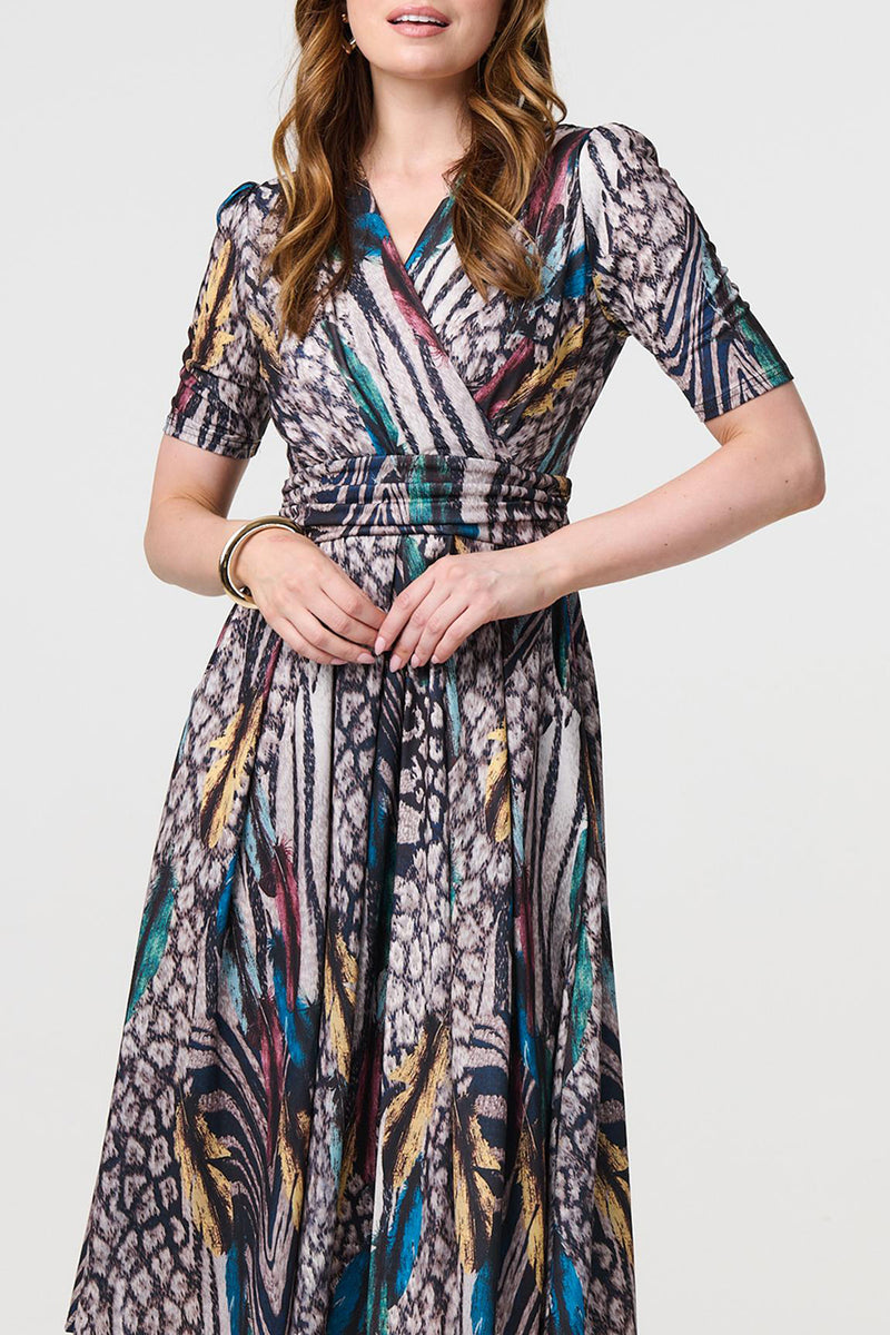 MULTI BEIGE | Animal Print Faux Wrap Ruched Midi Dress